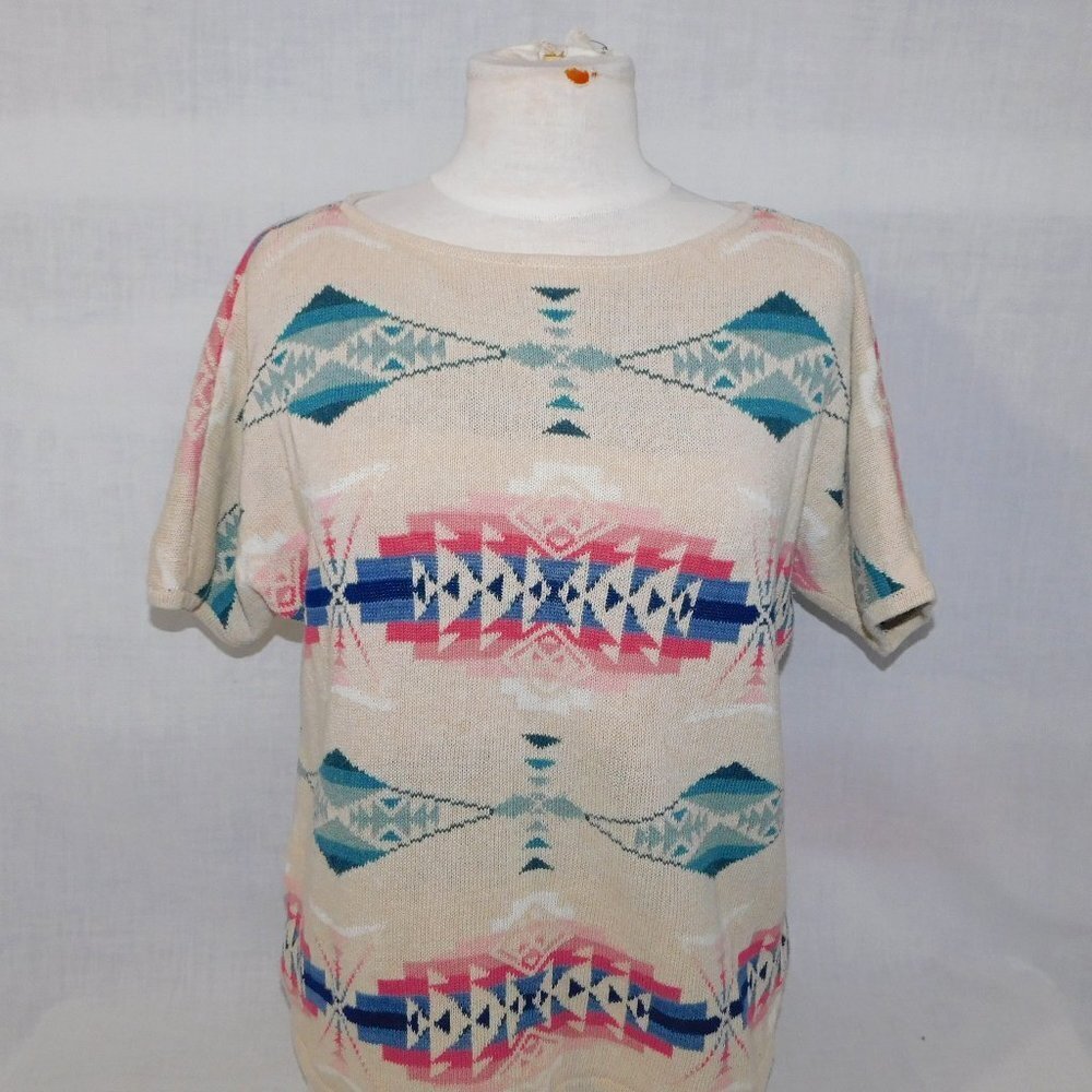 Chaps Southwestern Aztec Tribal Knit Short Sleeve Sweater Linen Blend Womens L